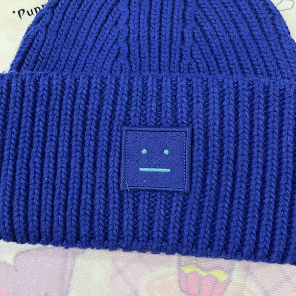 Acne Studios Square Face Knitted Beanie Hat Blue - Picture 3 of 5